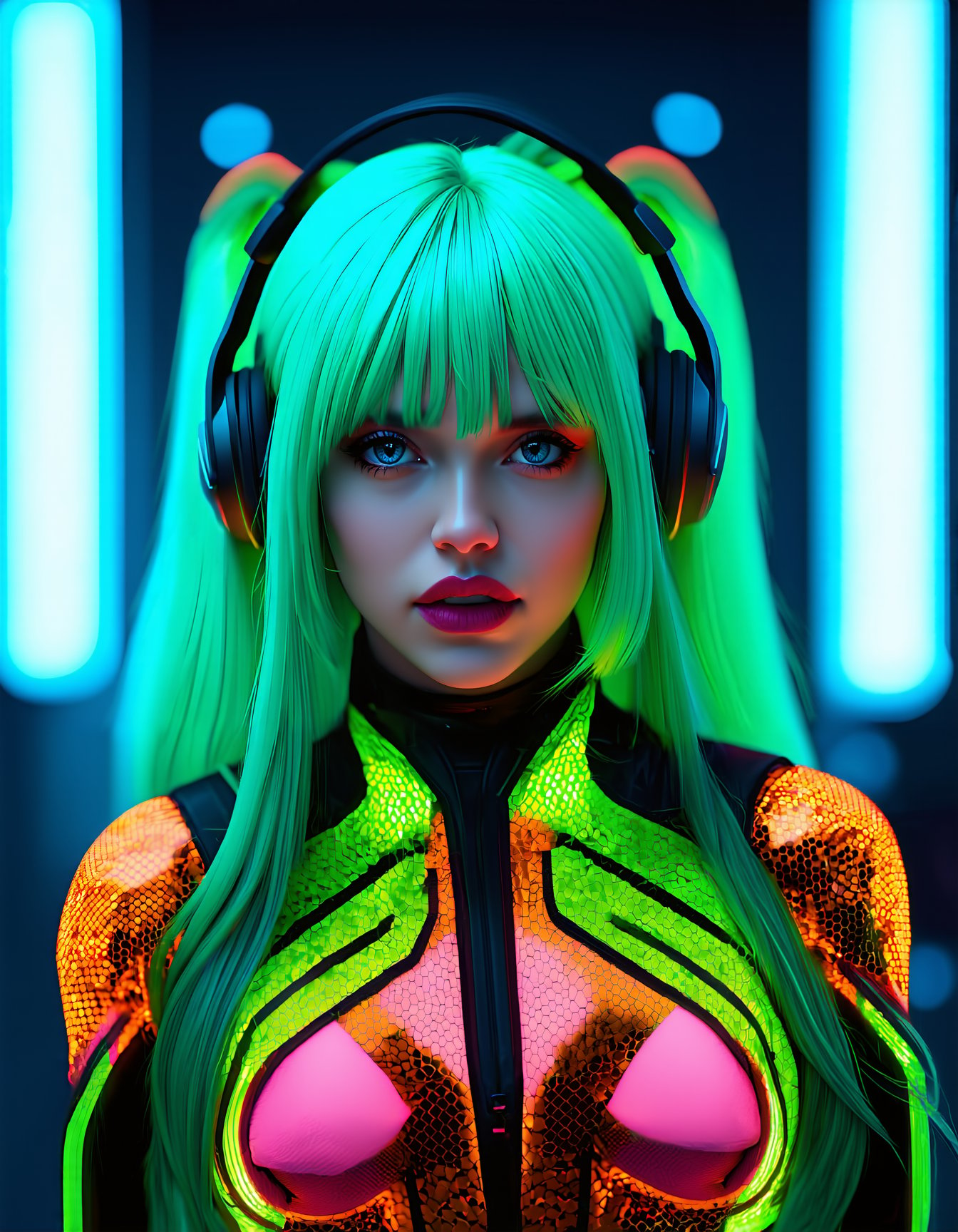 best quality,4k,8k,highres,masterpiece,ultra-detailed, woman, long hair, looking at viewer, blue eyes, upper body, ponytail, green hair, blurry, lips, blurry background, aqua hair, bodysuit, depth of field, headphones, forehead, science fiction, realistic, neon trim, cyberpunk, neon lights, SD3_cartoon_ep10.safetensors