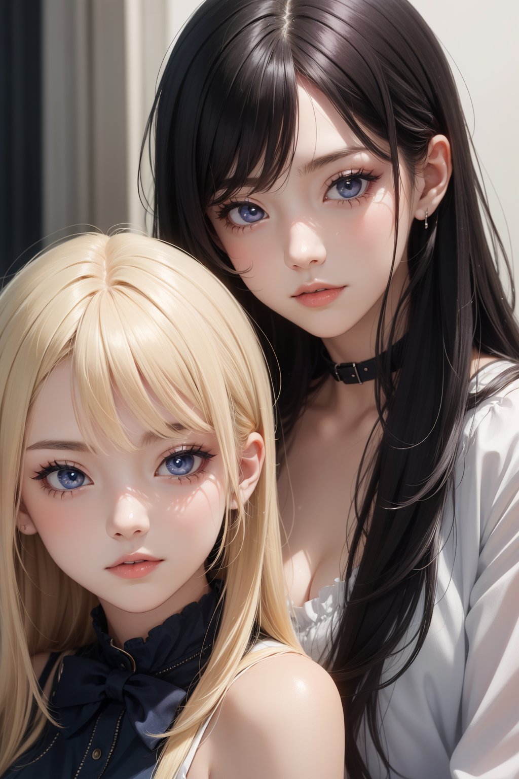 2girl, (nsfw:1.2), upper body, full nude, (masterpiece, best quality), intricate composition, RAW photo, 16k wallpaper, extremely detailed CG, amazing, ultra detailed, hyperrealistic, official art, High quality texture, incredibly absurdres, highres, 18 years old, beautiful face, BREAK2girl, blonde hair, detailed dark indigo eyes, BREAK2girl, black hair, detailed dark brown eyes