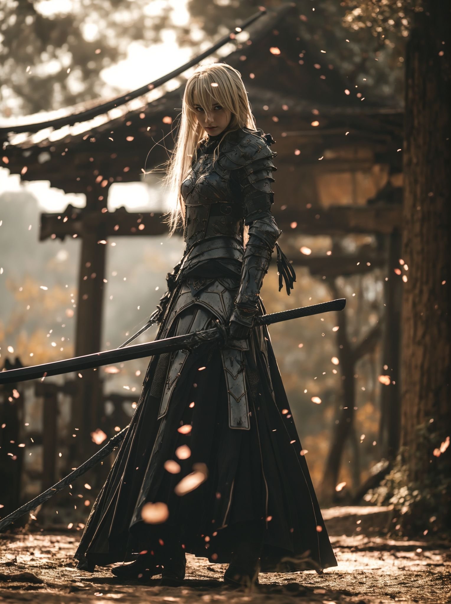 xuer plate armor,1girl,solo,sword,long hair,holding,sheath,blurry,white hair,holding sword,blonde hair,standing,gauntlets,outdoors,<lora:绪儿-王者之路 xuer plate armor:0.8>,