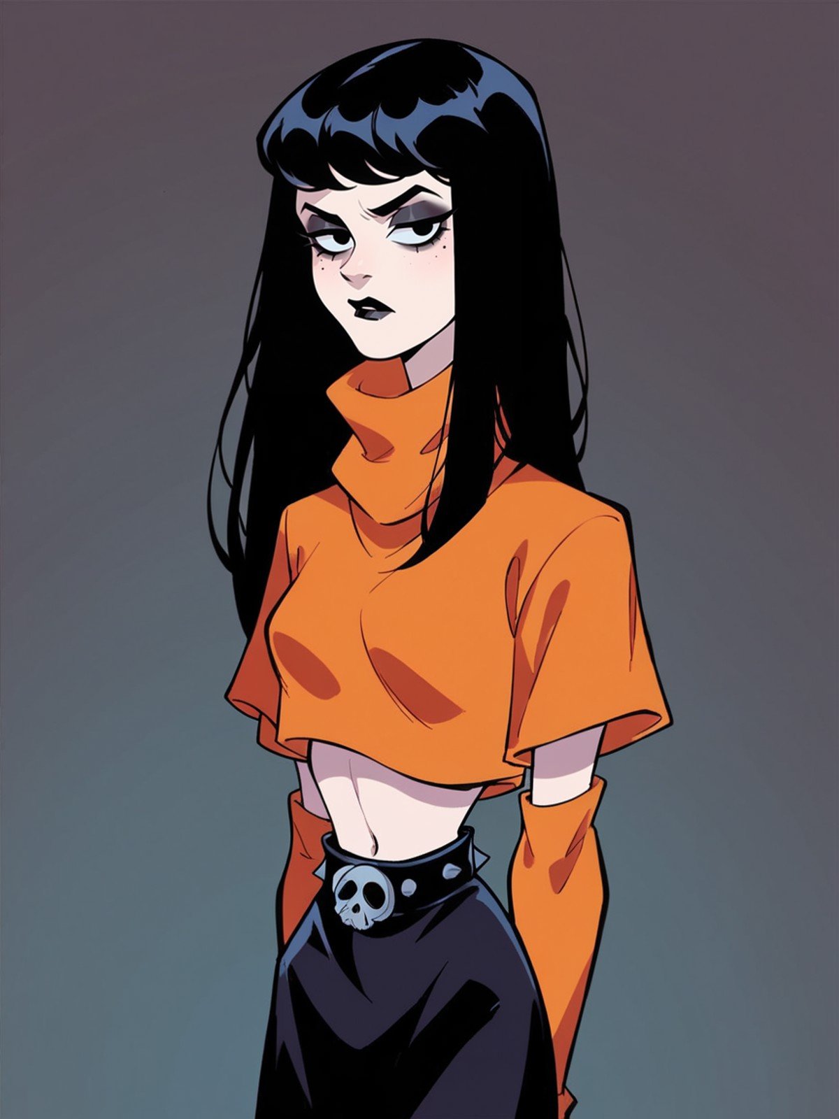 score_9, score_8_up, score_7_up, score_6_up, <lora:sc00byXLP:1> sc00by, 1girl, flat color, scooby-doo, goth, long black hair,