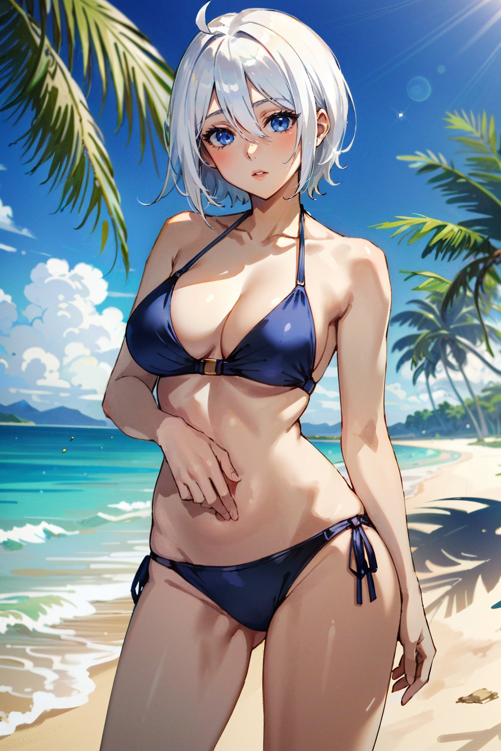 ((ultra detailed, masterpiece, absurdres))<lora:KOFAngel:0.9>KOFAngel, 1girl, white hair, blue eyes, on a tropical island, bikini, palm trees, ocean