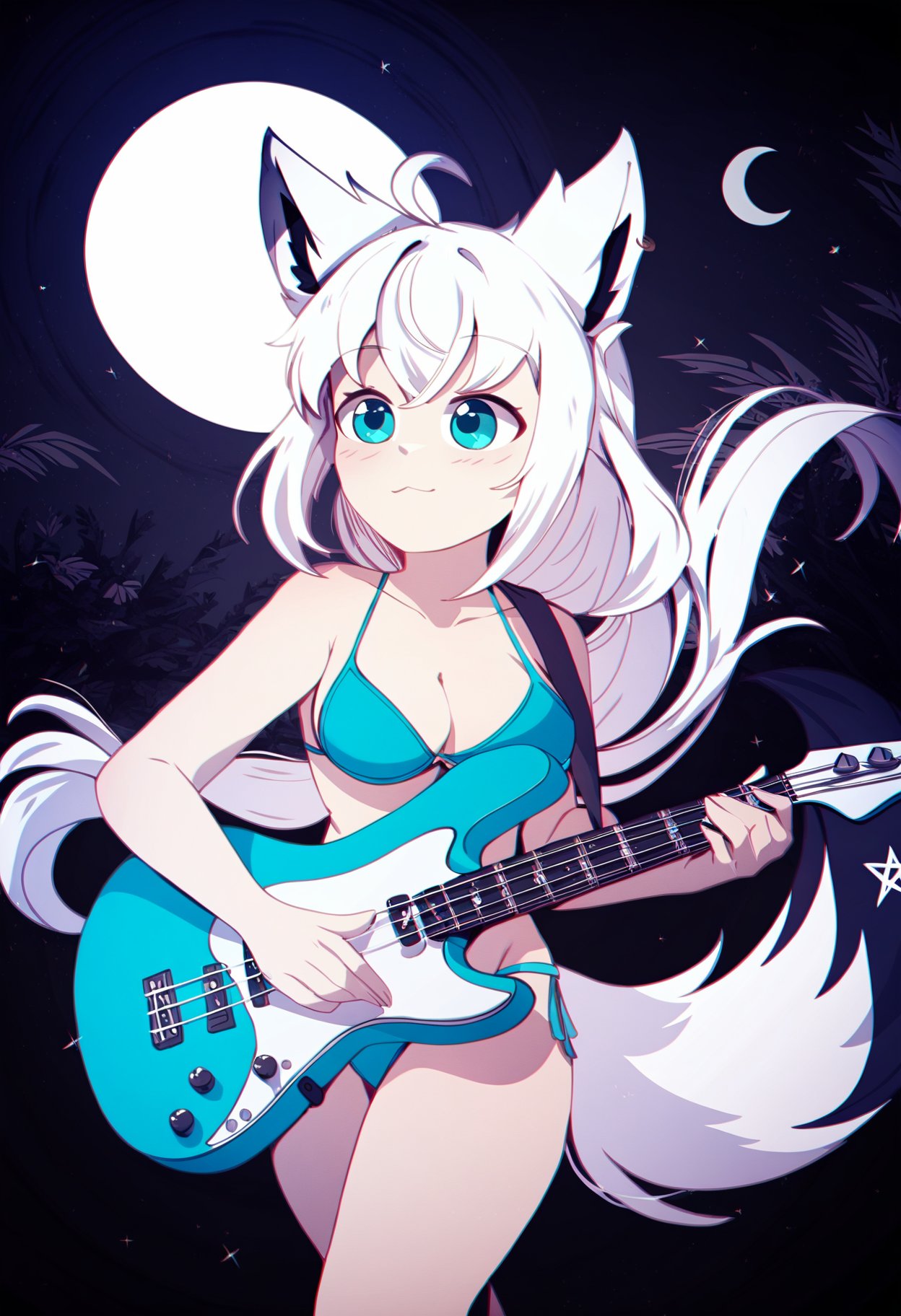 by dungeon toaster, by chrisandita,  masterpiece, best quality,1girl, shirakami fubuki, hololive, white hair, blue eyes, fox girl, fox tail, aqua bikini swimsuit,playing bass guitar, playing instrument,outdoors, beash, dark night, moon, black background