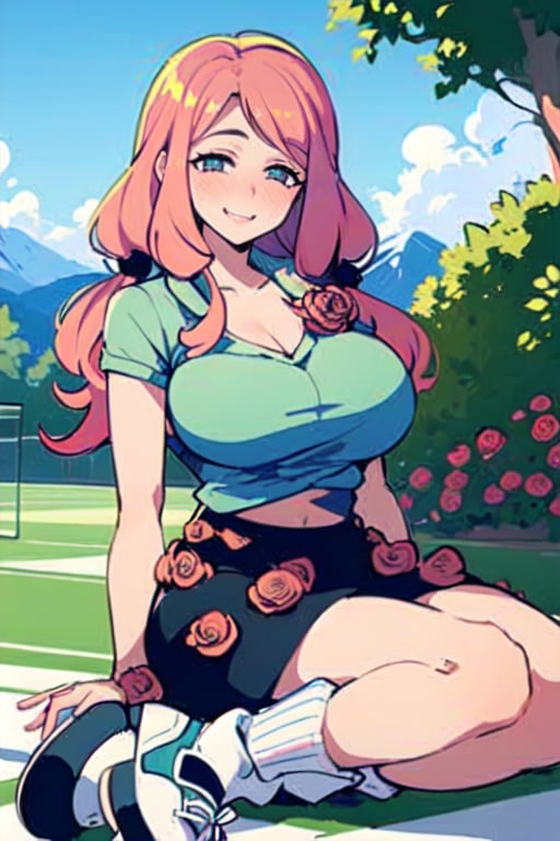 (Masterpiece), (best quality,  perfect face),  pink hair,  blue,  eyes,  big boobs,  big breasts,  beautiful,  bright Eyes,  blush,  long hair,  smiling,  blue blouse with a rose on each strap,  black skirt with red roses,  low and wide striped socks,  tennis shoes,  six pigtails,  hair up to the chest,  spherical decoration on each pigtail,  sexy,  big boobs,  flowers, mountain,  park,  roses,  yasuho hirose, TOROGAO,<lora:EMS-259756-EMS:0.800000>,<lora:EMS-247814-EMS:0.800000>