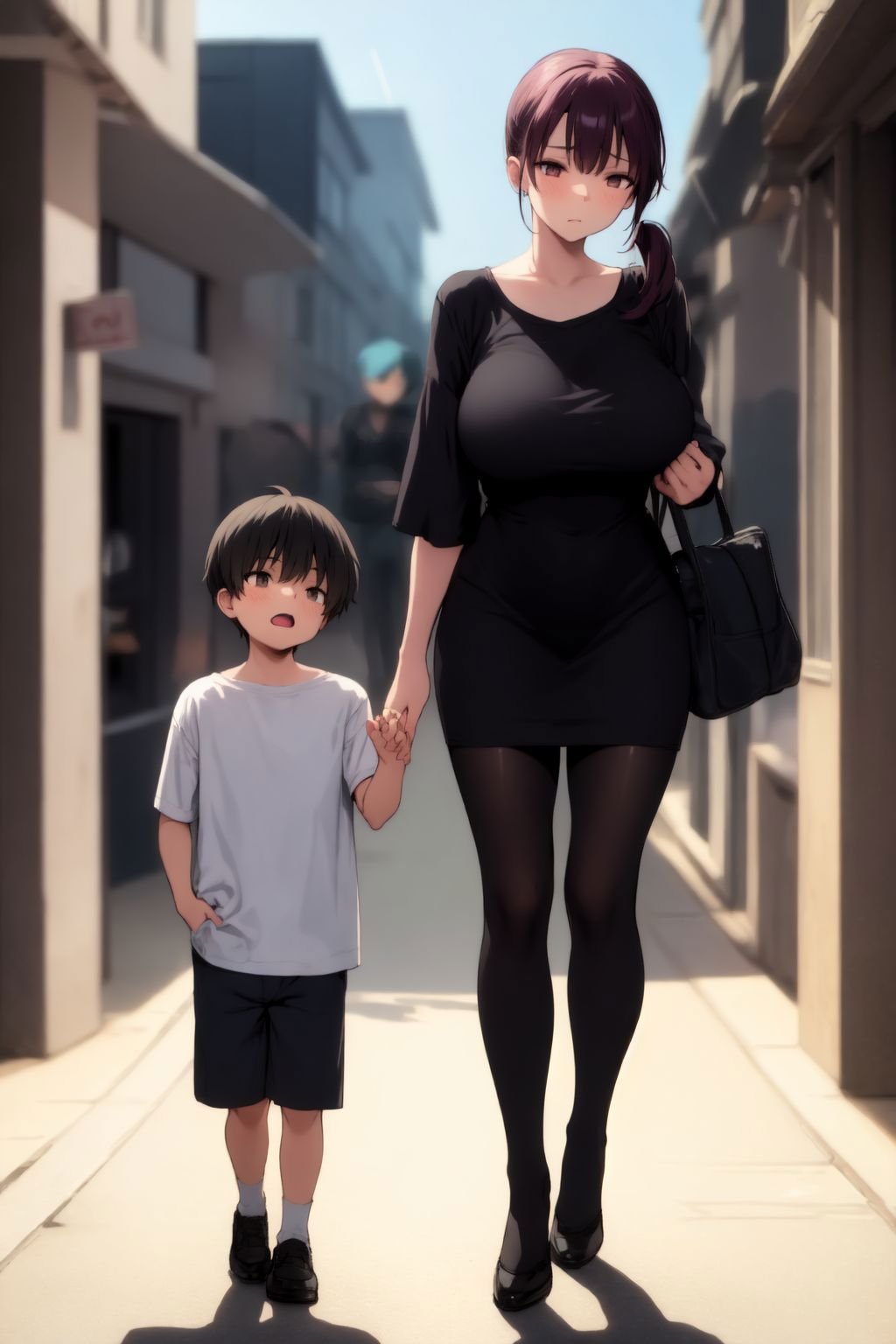 1girl, 1boy, standing, siblings, tall female, breasts, , brown hair, short twintails, disdain, cream clothes, in front of large window, cityscape, skyscraper, god rays, blurry background <lora:bigsislitbro_cpt_v02.3:1>