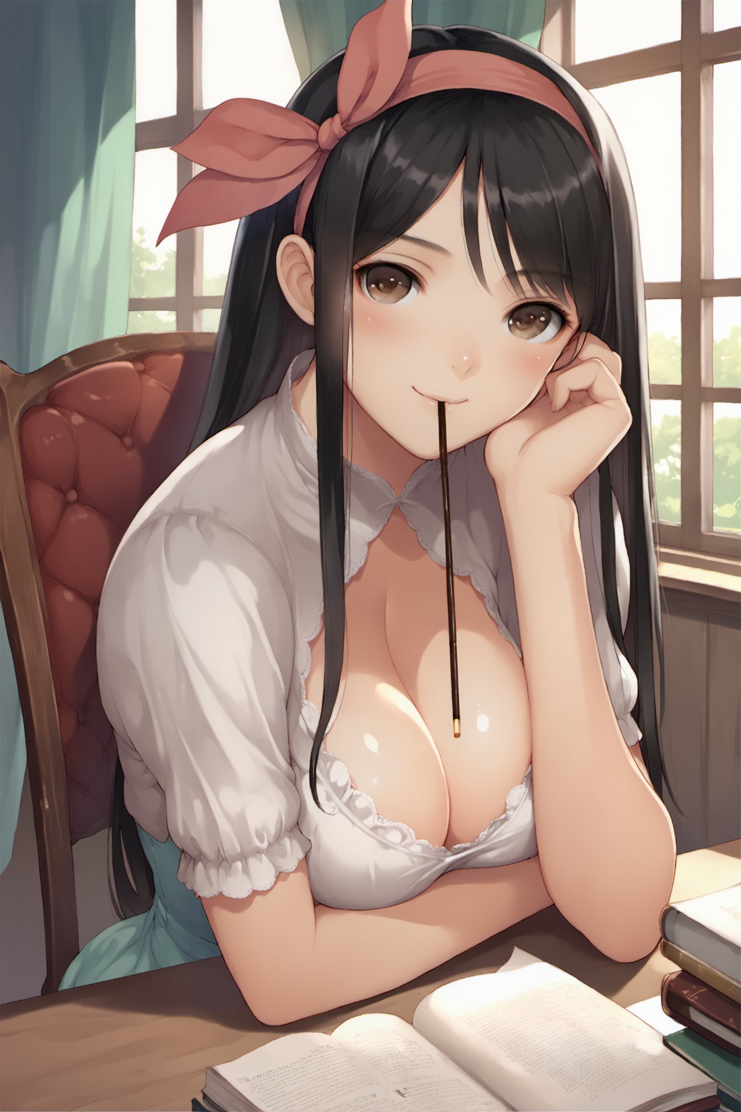 1girl,solo,breasts,pocky,cleavage,food,book,sitting,long hair,chair,large breasts,crossed legs,black hair,window,ribbon,blush,head rest,mouth hold,dress,hair ribbon,smile,brown eyes,looking at viewer,hairband,table,score_8_up,score_9,<lora:TONY_XL_PONY:1>,