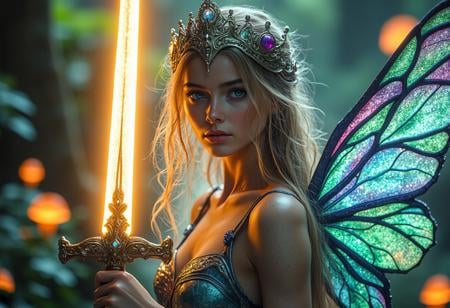 cinematic shot of a beautiful magical fairy, beautiful face details and long hair, holding a magical glowing sword in an epic attack pose, colorful magical fairy wings on her back, magical fantasy forest in background with glowing mushrooms, hkstyle, super realistic, style of epic cinematic, amazing quality