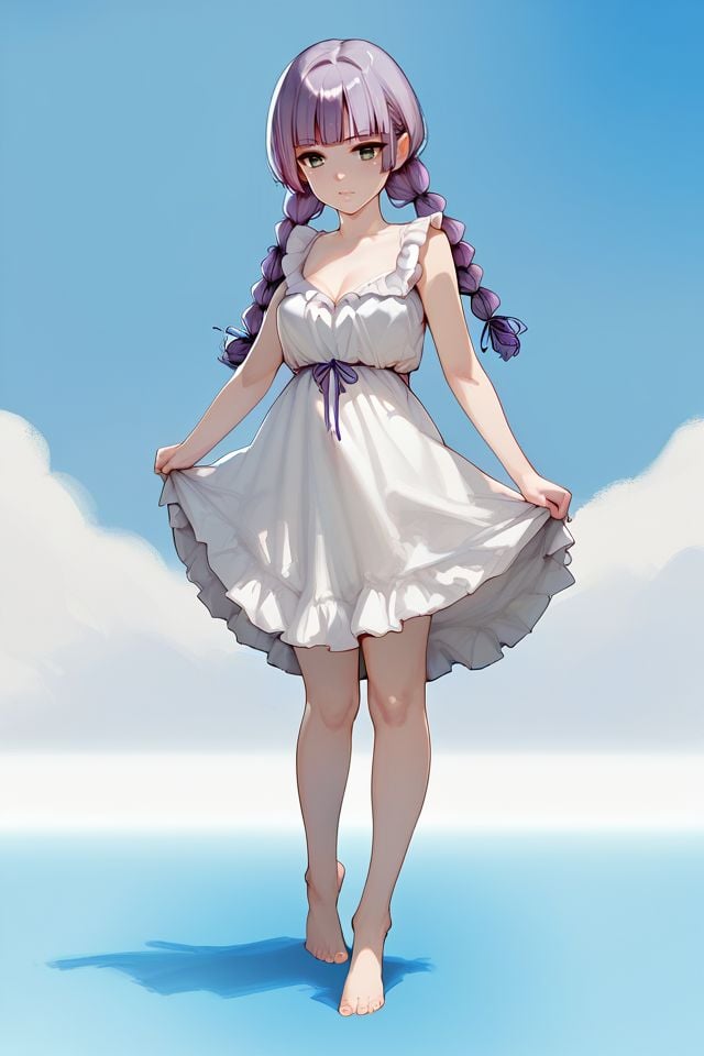 score_9, score_8_up, score_7_up, 1girl, solo, puzzled, light_purple hair, fringed_bangs, quad_braids, light_grey eyes, medium breasts, tiptoes, beautiful background <lora:Menyoujan_PonyXL_style_v01.06.01:1>