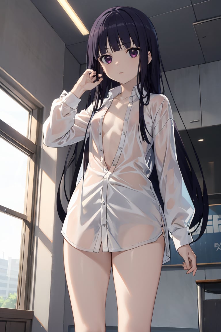 masterpiece, best quality, ultra-detailed, glistening shiny, glowing light, ray tracing, HDR, deph of field, (perfect face, detailed face),  <lora:ShirakiinRirichiyo:0.7>, ririchiyo, black hair, long hair, flat chest, naked shirt, open shirt, standing, bare legs