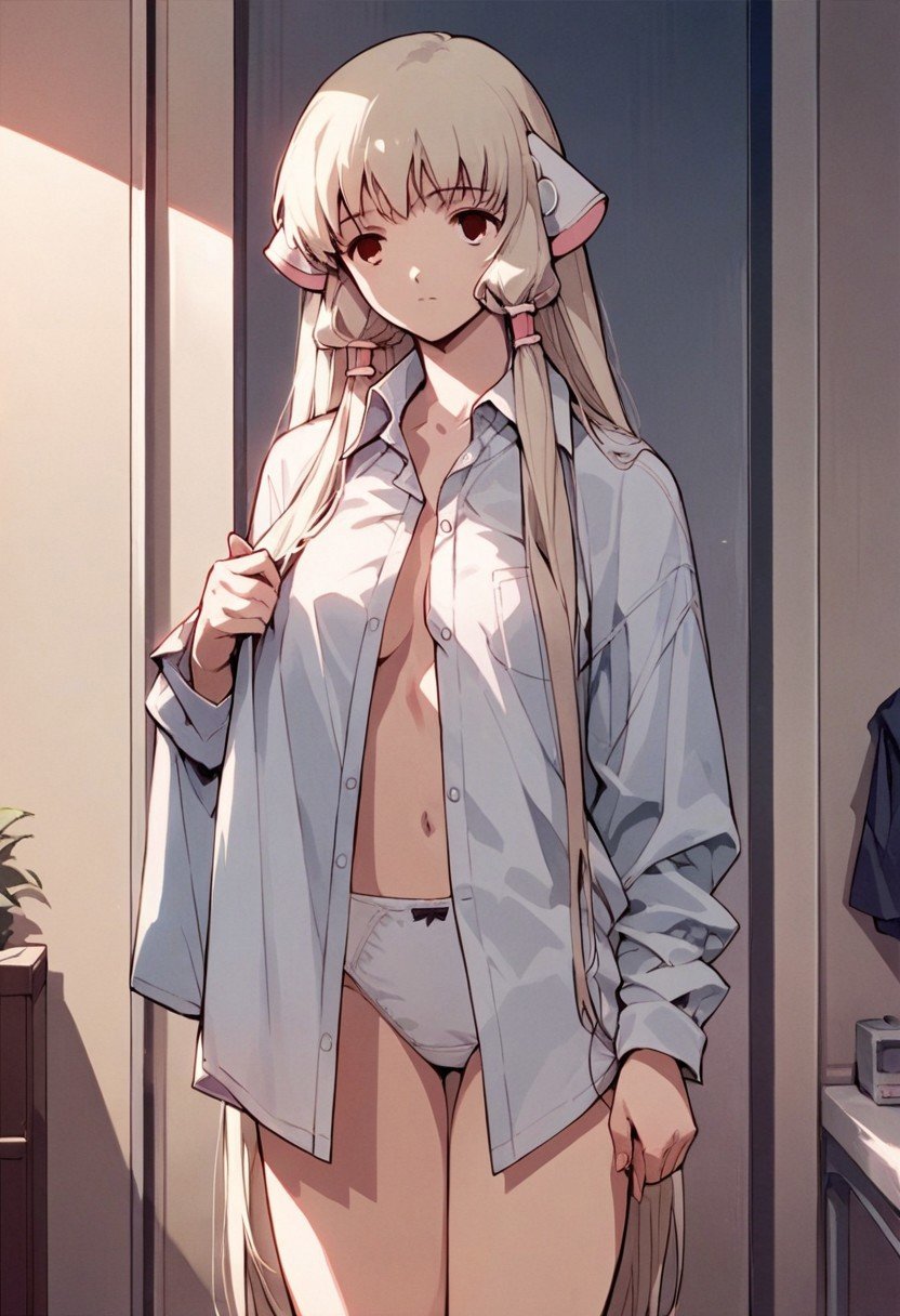 score_9,score_8_up,score_7_up,source_anime, Chii (Chobits),1girl,solo,shirt,underwear,panties,white panties,dress shirt,no pants,oversized clothes,dressing,