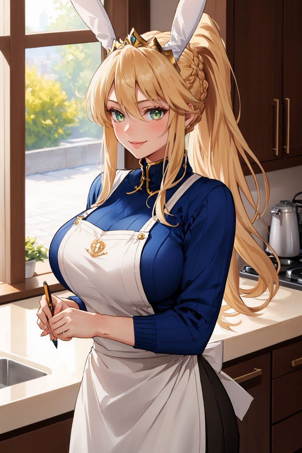 masterpiece, best quality, 1girl, <lora:artoriaruler-nvwls-v1-000009:0.9> 1struler, ponytail, braid, tiara, fake rabbit ears, apron, blue sweater, pencil skirt, kitchen, large breasts, smile, turtleneck