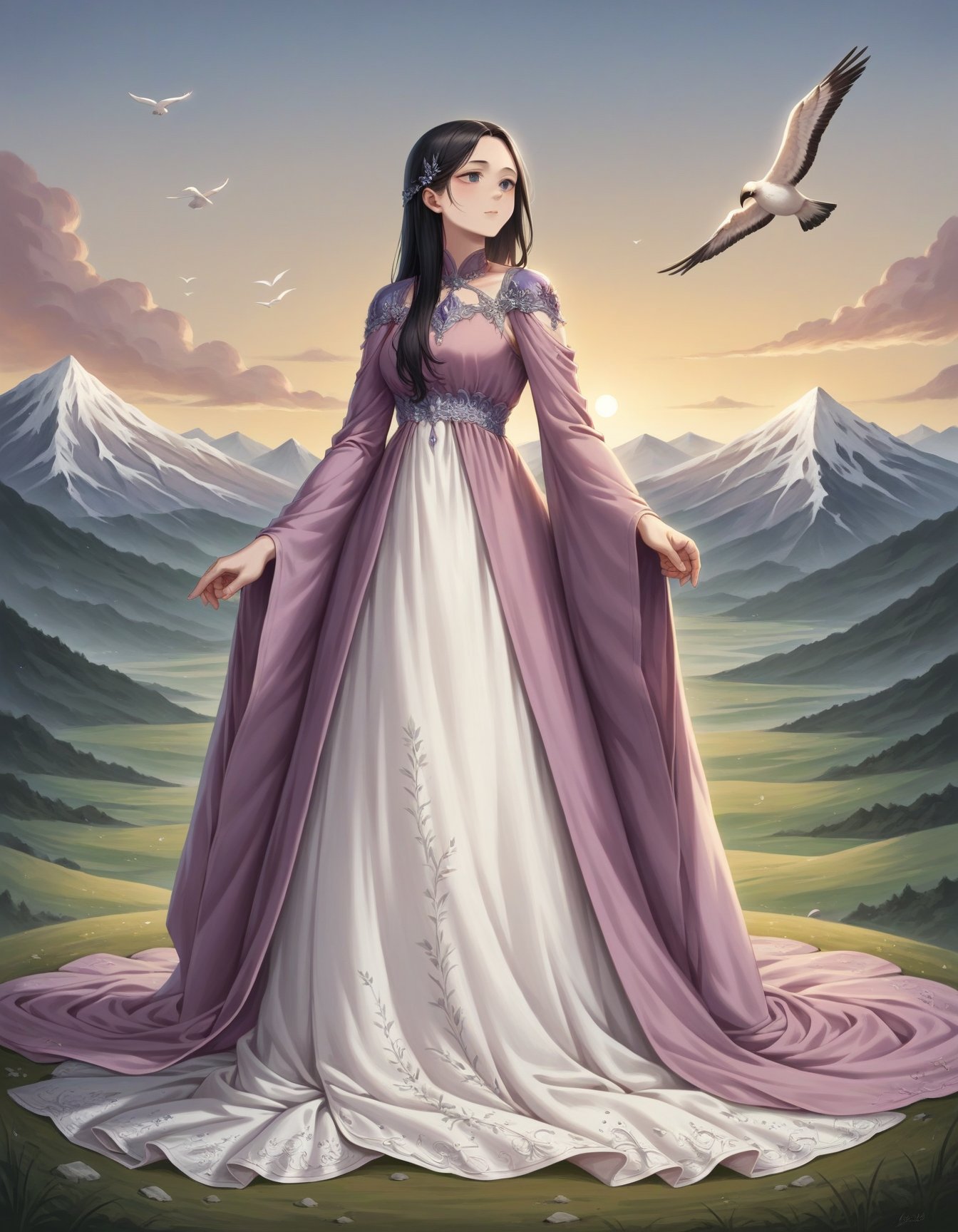 score_9, score_8_up, score_7_up, score_6_up, source_anime, romantic style (full body photo:1.3), adult woman, standing, HUD_spr_armr, hair decoration, long purple (chiffon dress), long sleeves, jewelry, intricate engraved metal neckpiece, shoulder piece, jeweled belt, breastplate, long sleeves, <lora:nature_princess_xlp:0.7>, (long black hair:1.1), 4k, sunset,mountain top, birds, crystal, 