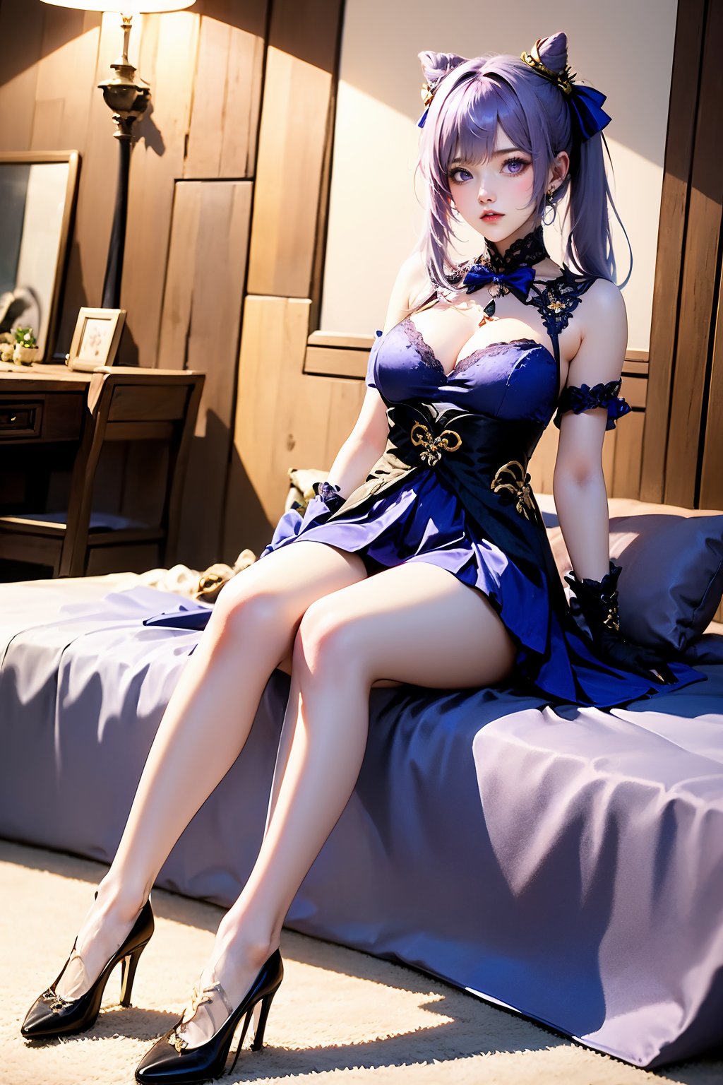 1girl, solo, keqing \(genshin impact\), breasts, cone hair bun, gloves, purple hair, sitting, hair bun, looking at viewer, high heels, purple eyes, long hair, black footwear, earrings, full body, jewelry, twintails, indoors, window, bare shoulders, black gloves, dress, large breasts, double bun, lips, cleavage, bow, skirt, sleeveless, bed, parted lips, thighs, legs, on bed, white shirt, bare legs, hair ornament, blurry background, blurry, realistic, curtains, bowtie, fingerless gloves, blue skirt, two-tone dress, shirt, pillow, arm support, blue bow, shoes, multicolored dress, nose, sleeveless shirt, blue bowtie, lamp, ribbon, bedroom,