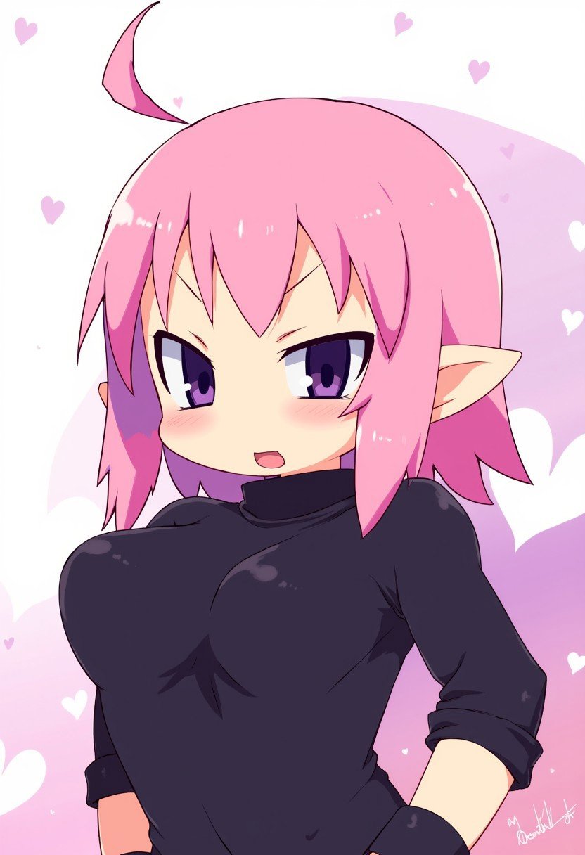 zankuro, medium breasts, smile, smug, deathlock-san, 1girl, short hair, pink hair, pointy ears, black shirt, upper body, hearts,