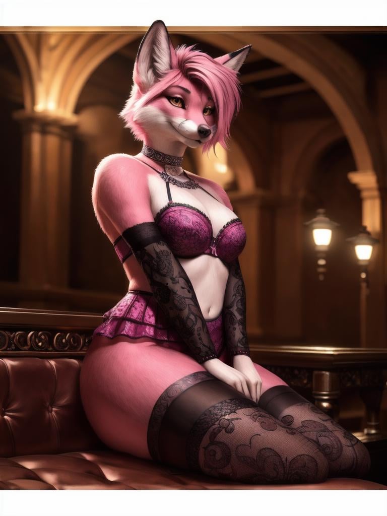 Masterpiece realistic, best high quality, perfect details, RAW Photo, intricate details, nice lighting, 4K, detailed background,, pink fox, pink hair, short length hair, look at viewer, 3 point lights, thick body, sexy outfit, 