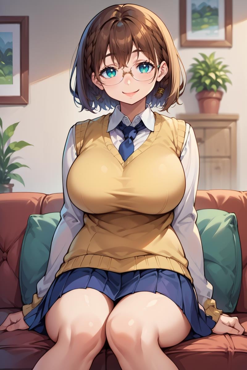 score_9, score_8_up, score_7_up, score_6_up, source_anime, BREAK 1girl, solo,  <lora:aichan-pdxl-nvwls-v1-000005:1> aichan, brown hair, cyan eyes, braid, large breasts, yellow sweater vest, white shirt, long sleeves, blue necktie, pleated skirt, blue skirt, sitting, couch, looking at you, glasses, living room, smile