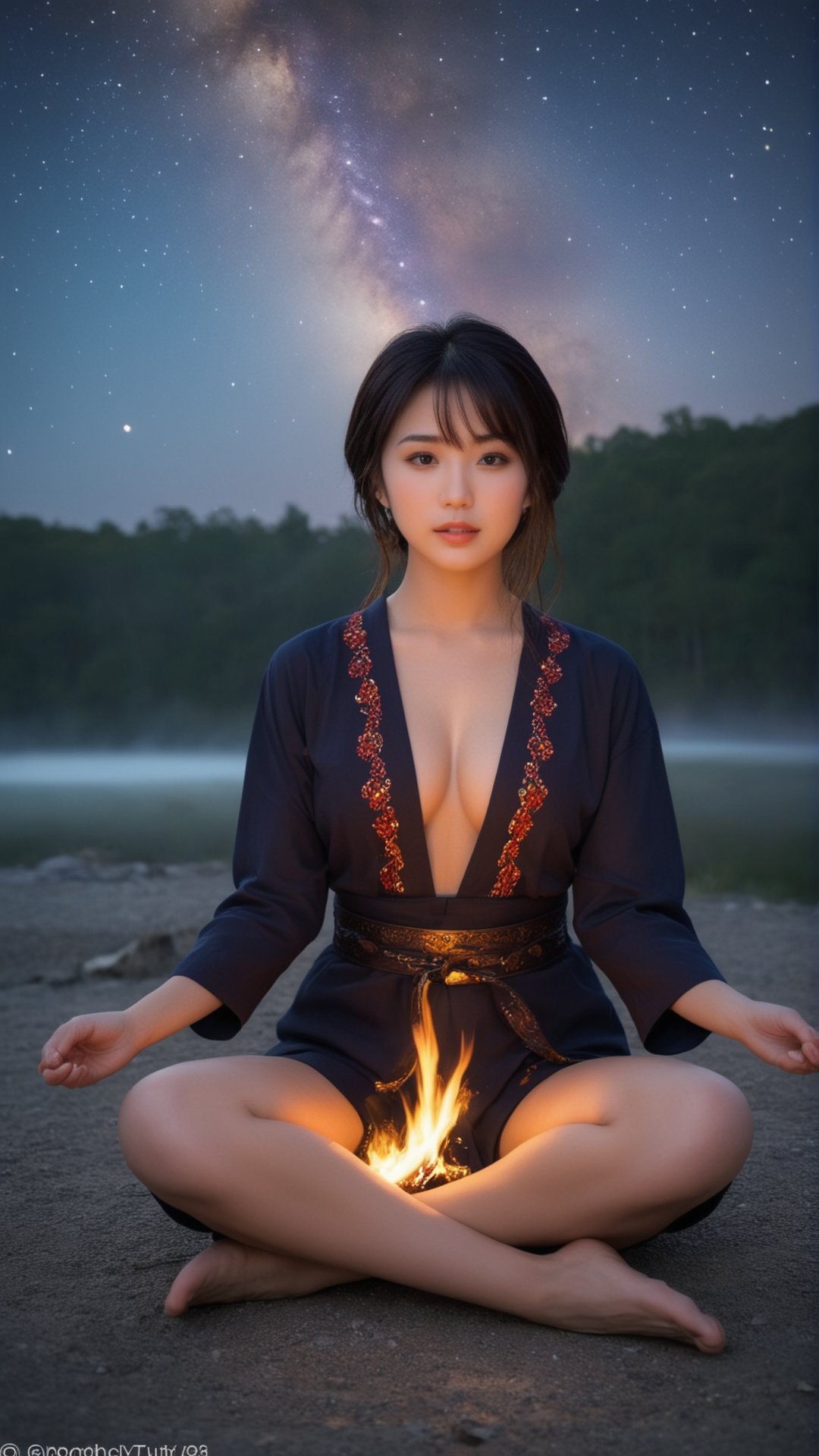 realistic photo of a Japanese woman,"A silhouette of a young woman sitting cross-legged by a campfire, her outline defined by the vibrant flames. The background is a mesmerizing starry night sky, filled with countless twinkling stars. The image captures a sense of mystery and wonder, inviting viewers to imagine the woman's thoughts and feelings.", best quality,masterpiece,realistic,RAW Photo,ethereal atmosphere,vibrant colors,soft glowing lights,serene and captivating,dynamic and graceful pose,harmonious composition,original,perfect lighting,cowboy shot,lens flare,mist,Artistic,memorable masterpieces,Powerful angles,intricate details,(photo realistic:1.1),portrait,fashion model,abstract,photorealistic,ultra-accurate,((noise clear)),strong light source,effects,, [:"Enchanting gaze, accompanied by a demure posture":0.3]