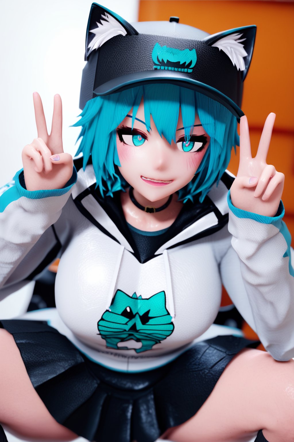 score_9, score_8_up, score_7_up, nyakumi, 3d, 1girl, tomboy, hat, white hooded_jacket, black skirt, cat_ears, cyan hair, shor hair, cyan eyes, squatting, spread legs, v, smile, front view, upper body, bedroom, detailed background<lora:EMS-434230-EMS:1.000000>