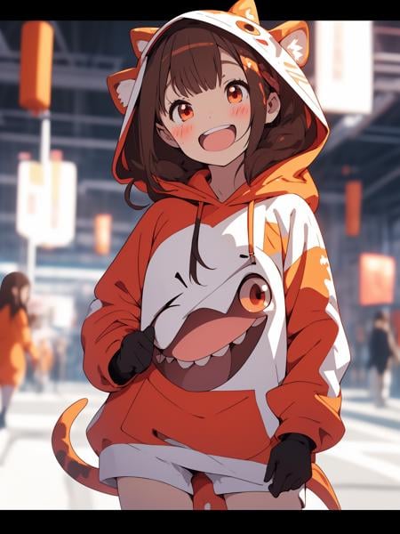 <lora:nijipretty_20230624235607:1.2>,1girl, solo, brown hair, open mouth, red eyes, full body, white background, blush, bangs, tail, standing, looking at viewer, animal costume, smile, flying sweatdrops, simple background, kigurumi, hood, blush stickers
