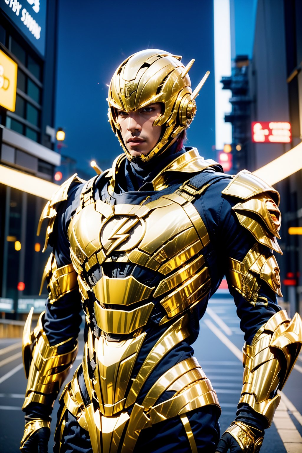 gold armor,outdoors,future street,flash