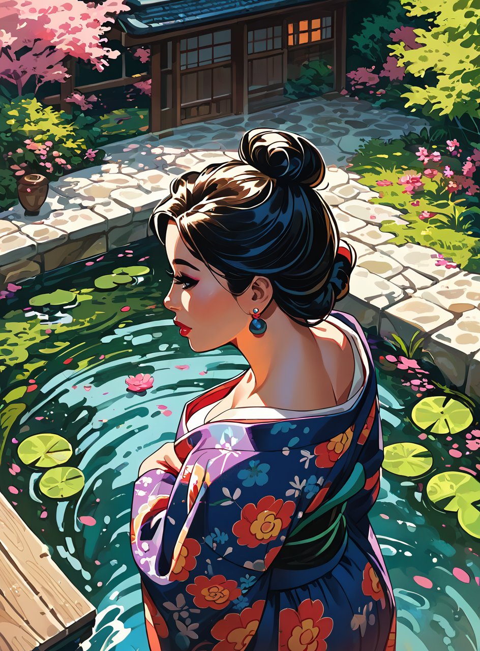 score_9, score_8_up, score_7_up, 1girl, <lora:classcompxl:0.9>, classcompxl, an asian woman in a kimono, geisha, upper body, vibrant color, japanese garden, beautiful, elegant, updo, pale skin, full body, koi pond, from above, 