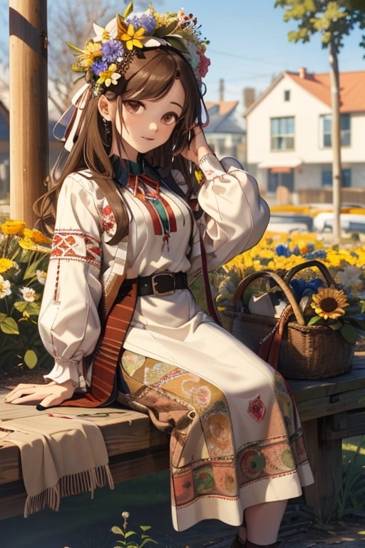 ukrainian dress, long hair, outdoors, brown eyes, jewelry, white shirt, sitting, ribbon, hair flower, belt, full body, <lora:7b14fab9-1b67-4a9e-ac76-0aba24cda6ea:0.7>