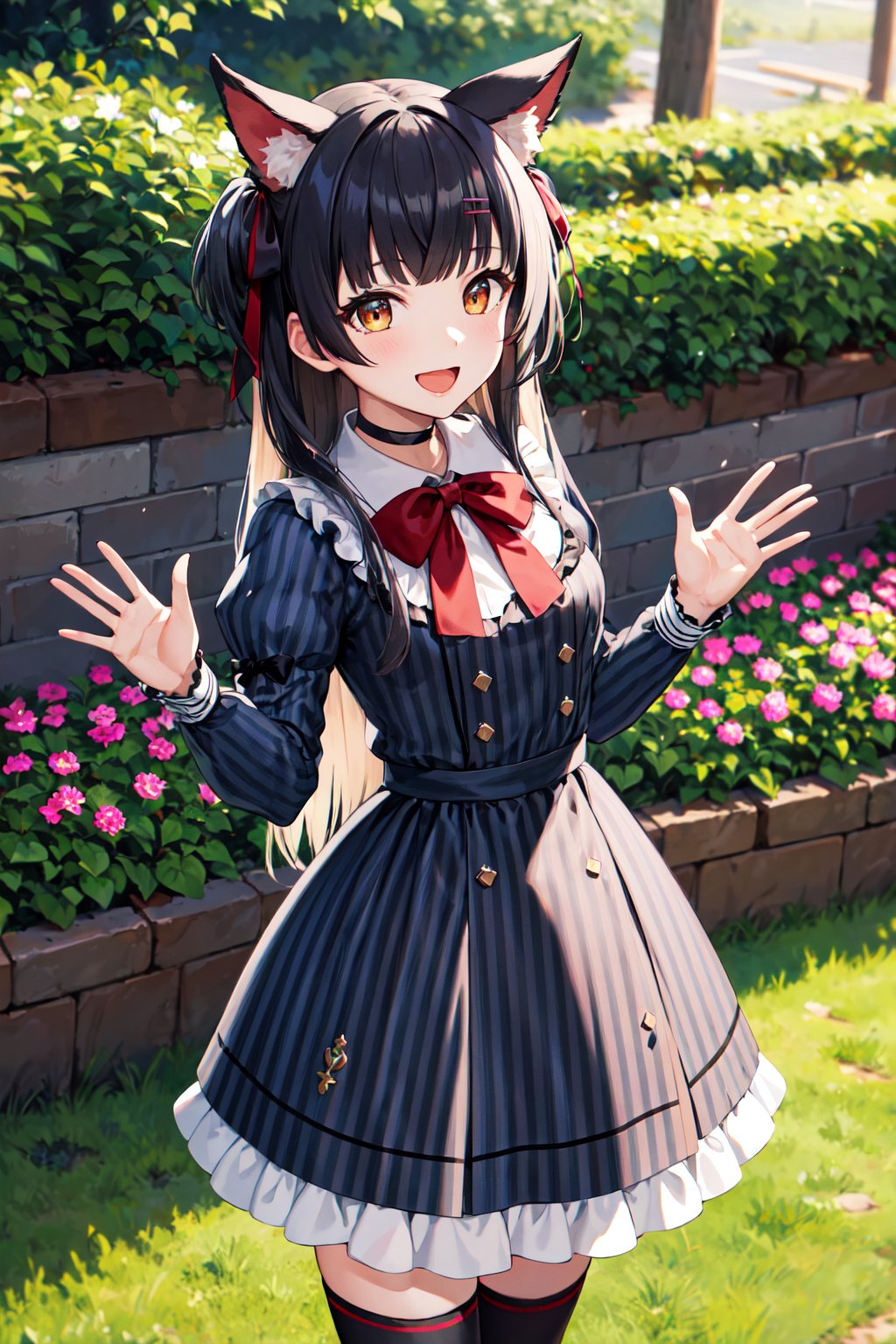 masterpiece, best quality, highres, fffuyuko, long hair, two side up, animal ears, hairclip, black choker, red bowtie, vertical-striped dress, grey dress, puffy sleeves, (vertical stripes:1.2), long sleeves, striped skirt, frilled thighhighs, <lora:mayuzumi_fuyuko_v1:0.7>, standing, cowboy shot, outdoors, garden, smile, open mouth, waving,