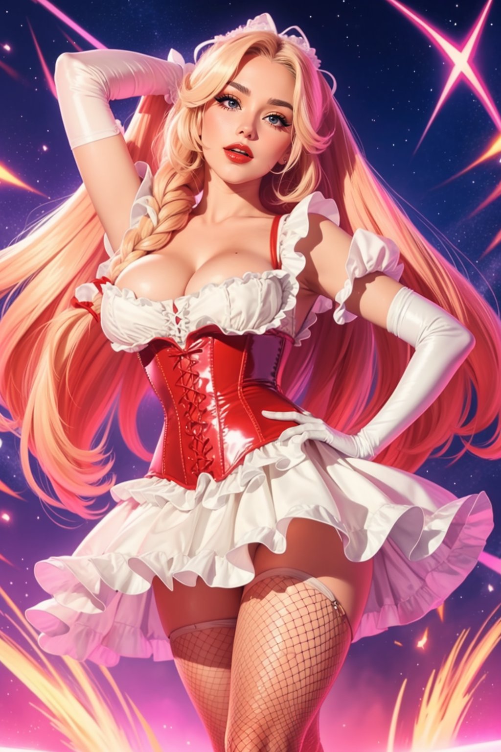 anime artwork beautiful Mediterranean:1.3  adult woman, solo,  <lora:MBGD-44:0.7> dr3ss,  (Malevolent Dark Crimson) shiny latex, dress,corset, pearl \(gem\) frills, elbow gloves, detatched sleeves, puffy short sleeves, cleavage, (hair ribbons), fishnet:1.2, arms above head,  hourglass figure,  socks, high heels eyeliner, eyeshadow, makeup, red lips platinum blonde hair (boho braids:1.1), [feather hair extensions]  vibrant, highly detailed,  ,best quality, high quality, . anime style, key visual, vibrant, studio anime,  highly detailed