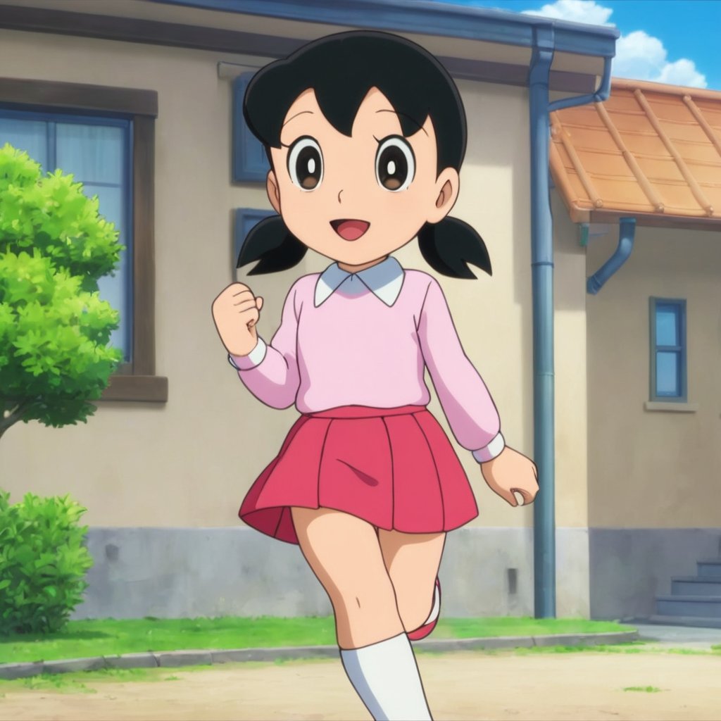 minamoto shizuka,1girl, solo, skirt, outdoors, black hair, socks, white socks, twintails, red skirt, shoes, smile, shirt, open mouth, black eyes, pink shirt, looking at viewer, short twintails, kneehighs, collared shirt, long sleeves, :d, day, bright pupils, white pupils, house, low twintails, short hair, running, yellow footwear, blush, child,masterpiece, perfect face, best quality, beautiful eyes, shiny eyes, anime coloring, anime screencap, absurdres, award winning,<lora:minamoto shizuka aam 905:0.8>