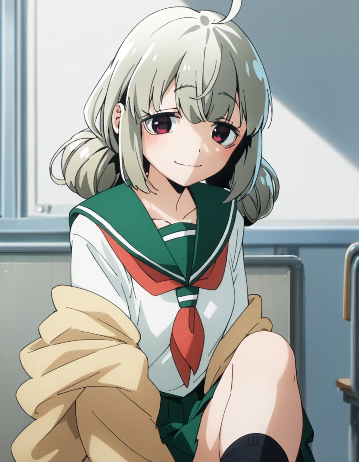 score_9, score_8_up, score_7_up, score_6_up, score_5_up, score_4_up, source_anime,  Kiwi, solo , school uniform, sitting, smile