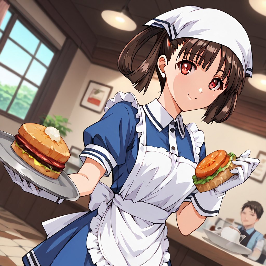 score_9, score_8_up, score_7_up, score_6_up, score_5_up, score_4_up, source_anime,soratani natsuki, red eyes, brown hair, hair rings,1girl, solo, smile, apron, blue shirt, blue skirt, frilled apron, frills, gloves, head scarf, shirt, short sleeves, skirt, uniform, waist apron, waitress, white apron, white gloves, food, tray, food tray, indoors, restaurant, looking at viewer, dutch angle, masterpiece, perfect face, best quality, beautiful girl, cute girl, beautiful eyes, shiny eyes, anime coloring, anime screencap, absurdres, award winning,<lora:soratani natsuki nova:0.8>