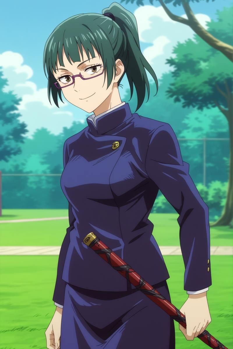 maki zenin,anime screencap,1girl,solo,mature,long hair,glasses,school uniform,ponytail,bangs,outdoors,weapon,smile <lora:Maki Zenin - PDXL2.safetensors:0.8>