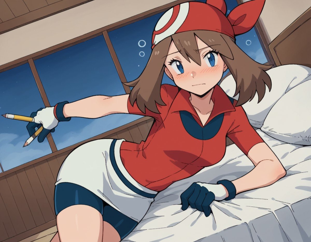 score_9, score_8_up, score_7_up, source_anime, <lora:pokemon-may-anime-ponyxl-lora-nochekaiser:1>, pokemonmay, blue eyes, brown hair, bandana, long hair, red bandana, twintails, hair between eyes,, bike shorts, collared shirt, gloves, microskirt, multicolored shirt, pencil skirt, red shirt, shirt, short sleeves, skirt, white skirt,, indoors, bed, bed room, on side, blush, drunk, looking at viewer, solo, cowboy shot, dutch angle