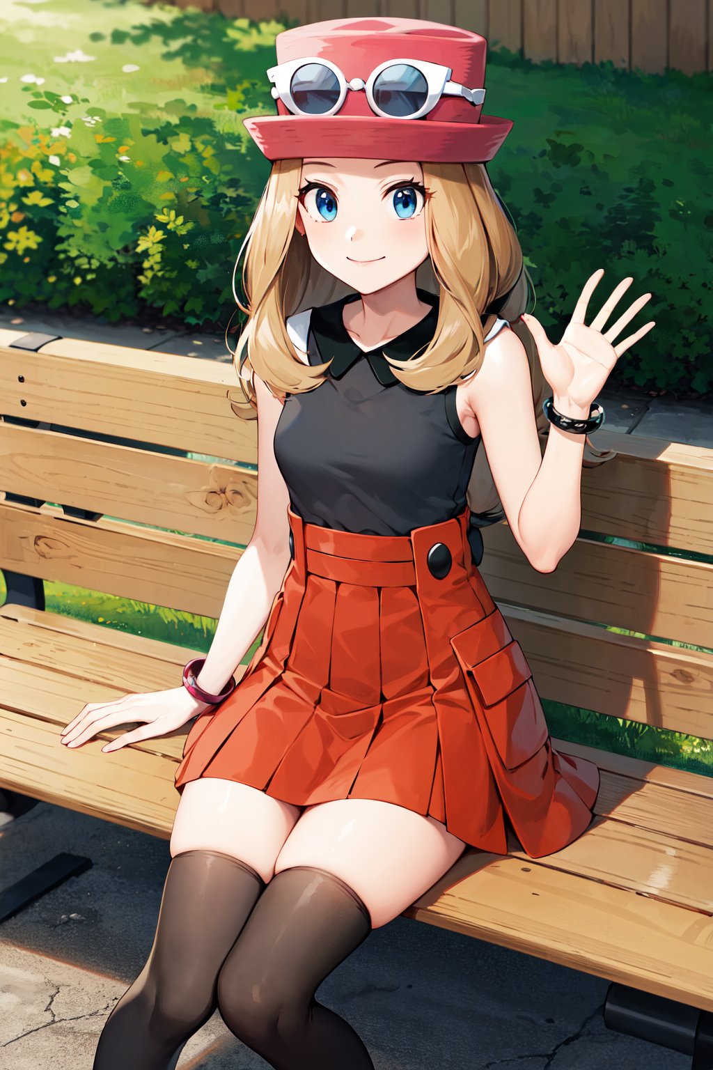 masterpiece, best quality, highres, aaserena, solo, long hair, eyewear on headwear, pink headwear, eyelashes, blue eyes, sleeveless shirt, black shirt, bracelet, high-waist skirt, red skirt, black thighhighs, <lora:serena_(pokemon)_v2:0.7>, sitting, smile, waving, bench, outdoors