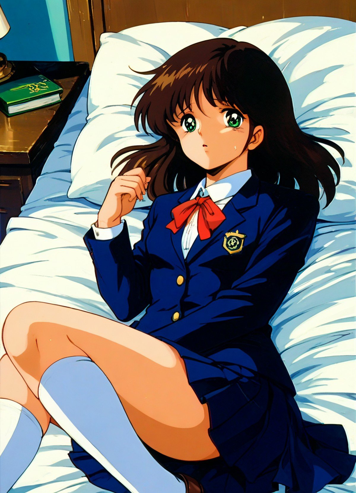 score_9, score_8_up, score_7_up, masterpiece, best quality, very aesthetic, absurdres, official art, official style, anime screencap, megami magazine, zPDXL2, zPDXLxxx, rating_safe, sfw, 1980s \(style\), retro artstyle <lora:Cream Lemon Nonomura Ami Pony v1_epoch_10:1.0>, 1girl, solo focus, cream_ami, (medium breasts:1.2), green eyes, BREAK, brown hair, bangs, BREAK, school uniform, blazer, BREAK, neck ribbon, red ribbon, BREAK, white legwear, BREAK, 4fingers, 1thumb, <lora:neg4all_bdsqlsz_xl_V91:1.0> <lora:ALTXL_pony_0061_8:2.0>, <lora:Difference_SaturationEbaraPonyCoolTemperatureV2_1e04:1.0>, bedroom, on bed, bed sheet, pillow, disappear, raised eyebrows, pouty lips, (tears:0.7), dim lighting, (from side:1.2),