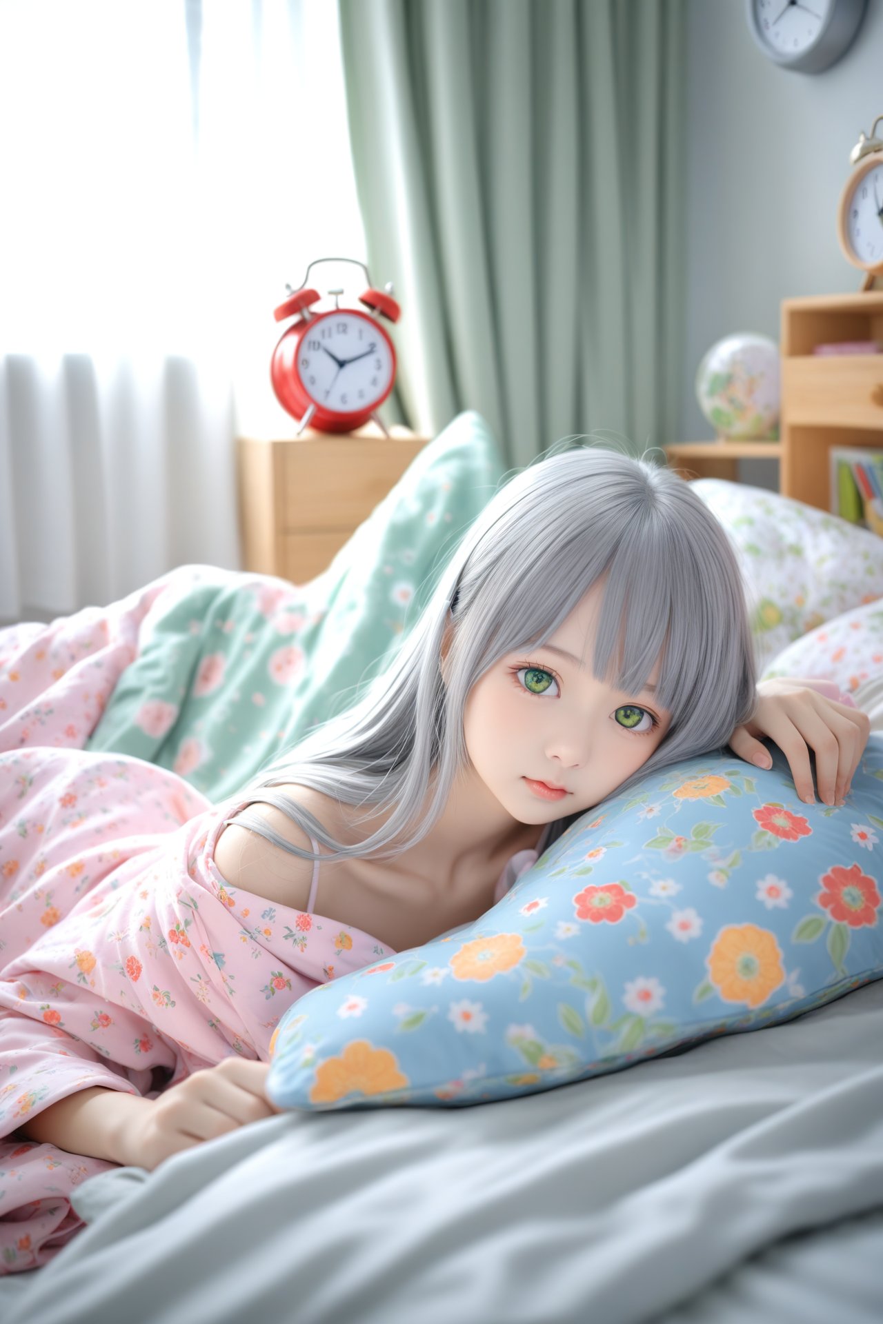 masterpiece,best quality,illustration,ultra detailed,hdr,Depth of field,(colorful),loli,1girl,clock,solo,alarm clock,under covers,green eyes,bed,long hair,pillow,indoors,sunlight,curtains,pajamas,grey hair,blanket,window,collarbone,bangs,