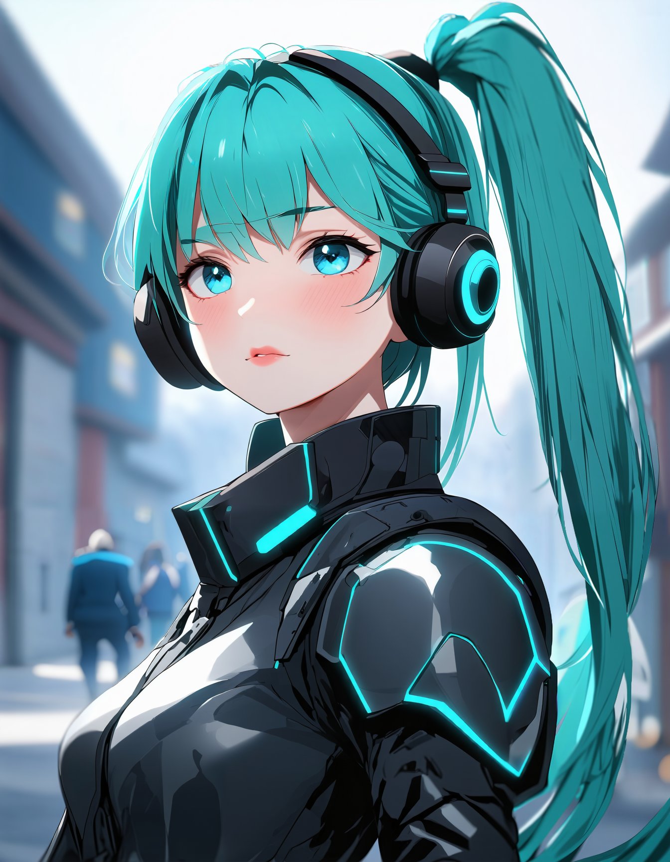 anime style, anime girl, long hair,looking at viewer,blue eyes,upper body,ponytail,parted lips,green hair,armor,lips,aqua hair,makeup,depth of field,blurry background,headphones,science fiction,cyborg,neon trim,cyberpunk