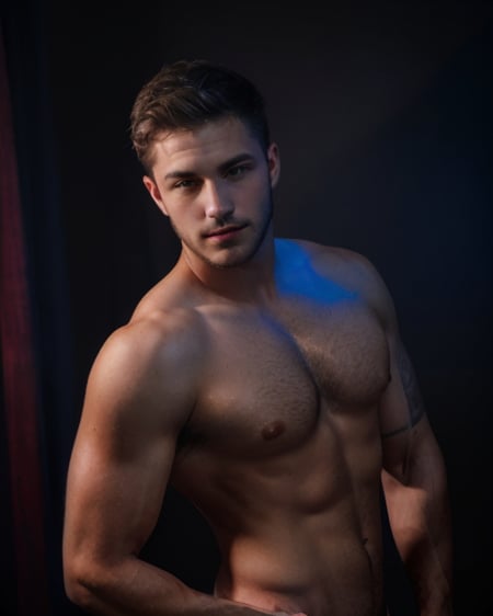 <lora:sc_brandon_v1-rugged:0.5> sc_brandon <lora:Studio_lighting:.7> Studio lighting, low saturation, (red and blue lighting), grey background, realistic Photo of a young man, bulge, muscular, dark, close up portrait, high detail, realistic, high detail, 8k, (Masterpiece, high quality:1.3), masterpiece, depth of field, bokeh, detailed, homoerotic, (homoerotic), highly detailed, sharp focus, intricate, smooth, elegant, fantasy, masterpiece, matte, photorealistic, 4k, beautiful,