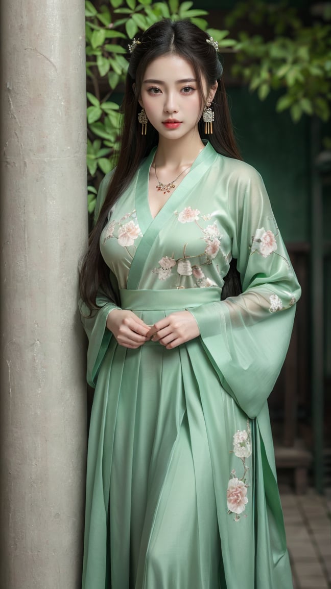 (photorealistic, best quality, ultra high res, extremely detailed eyes and face:1.3),(1girl, solo:1.3),skirt,jewelry,long_hair,necklace,earrings,perfect body,standing,large breasts,looking at viewer,chinese clothes,china dress,hanfu,