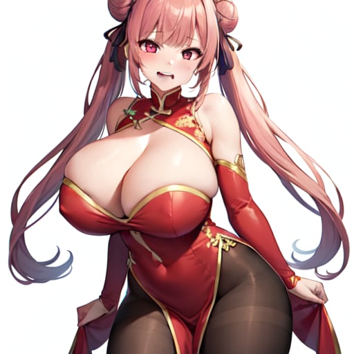 1girl, solo, original, chinese clothes, red dress, brown bodysuit, brown pantyhose, cleavage, cleavage cutout, bare shoulders, detached sleeves, red eyes, pink eyes, streaked hair, long hair, twintails, cone hair bun, huge breasts, curvy, thick thighs, bouncing breasts, seductive smile, naughty face, lewd, sexy, hot, glamorous, blunt bangs, standing, cleft of venus, white background, simple background, anime screencap, anime coloring, key visual, studio anime, standing, 