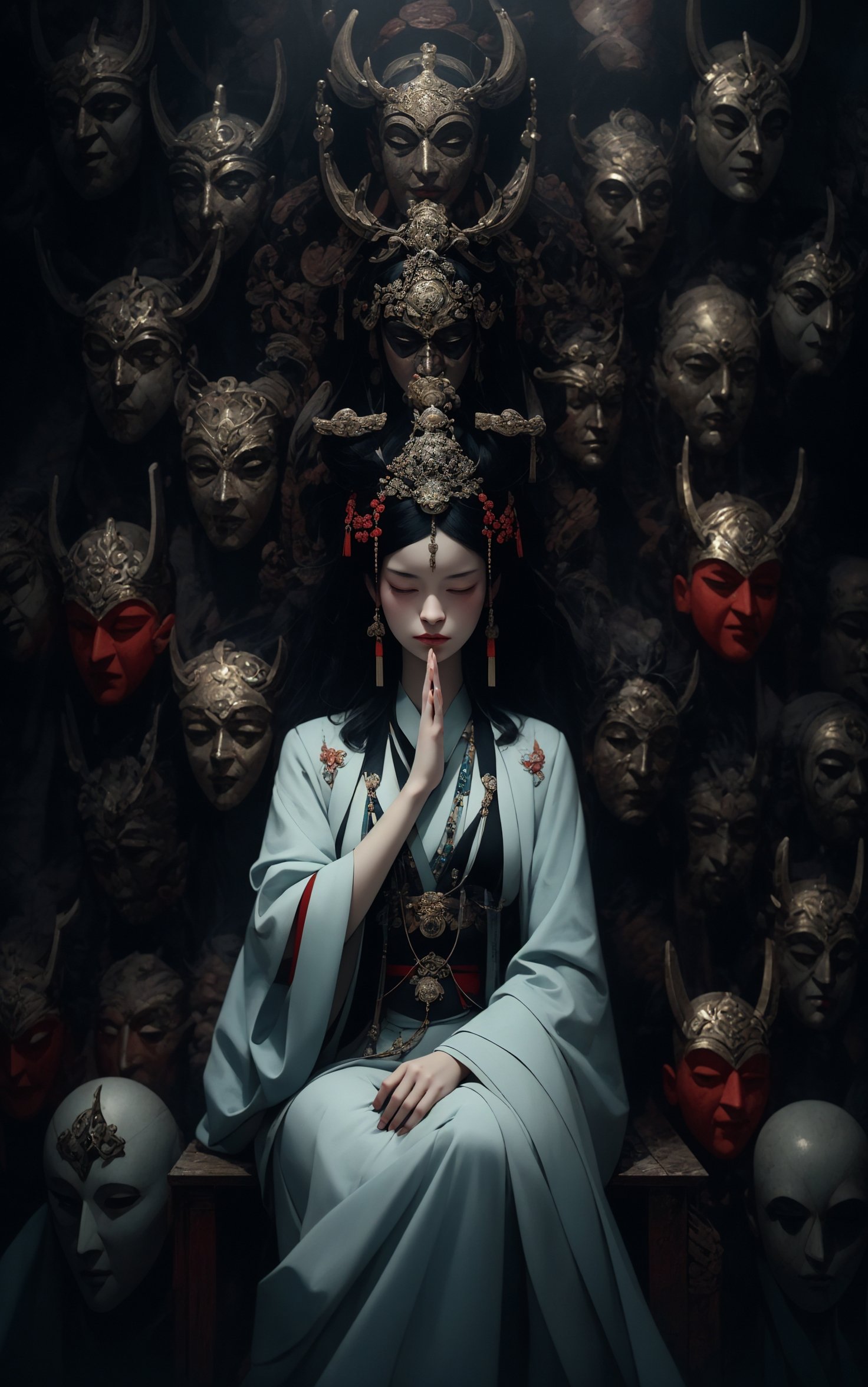 a woman meditating in front of lots of masks, in the style of zhang jingna, photomontage, hirohiko araki, oriental, sergio toppi, theatrical, poster art， <lora:绪儿已成精-佛:0.8>