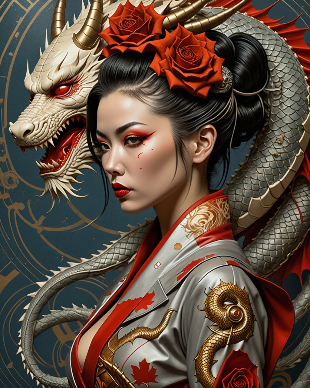 Vintage poster of a space geisha with a dragon in her arms, Side view, in the style of Brian M. viveros, multi-layered compositions, takayuki takeya, uhd image, otange and gray, intricate patterns and details, michael hussar