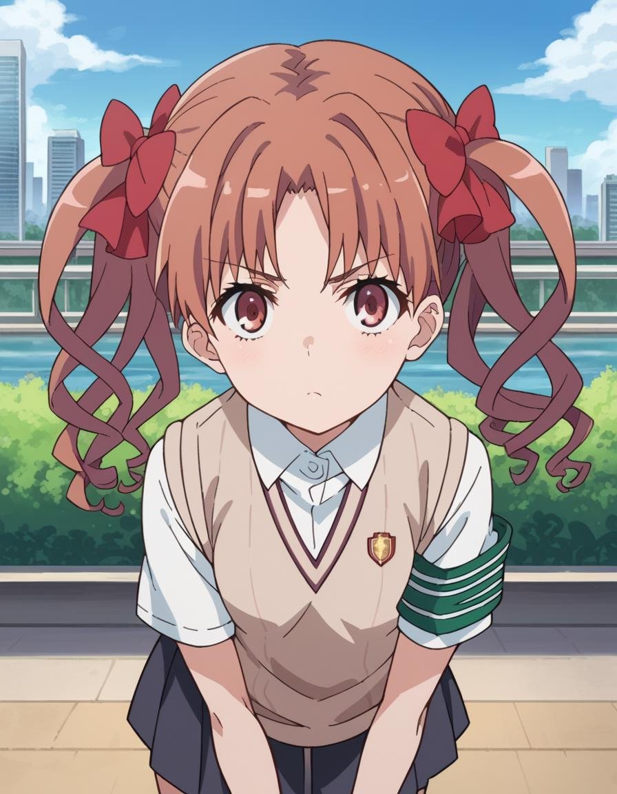 score_9, score_8_up, score_7_up, source_anime,kurokoshirai, <lora:kuroko-shirai-s3-ponyxl-lora-nochekaiser:1>,kuroko shirai, brown hair, long hair, parted bangs, brown eyes, ringlets, twintails, hair bow, bow, red bow,armband, black skirt, collared shirt, dress shirt, pleated skirt, safety pin, school uniform, shirt, short sleeves, skirt, summer uniform, sweater vest, tokiwadai school uniform, twintails, white shirt, brown sweater vest,outdoors, cityscape, bent over,looking at viewer, dutch angle, cowboy shot,