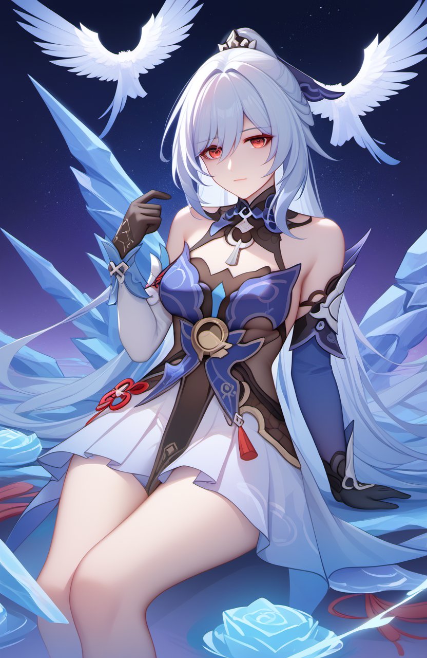 <lora:镜流pony:1>,jingliu,a girl named jingliu,jingliu (honkai: star rail),1girl,bare shoulders,high ponytail,detached sleeves,looking at viewer,white skirt,black gloves,blue dress,best quality,starry sky,, (score_9,score_8_up,score_7_up),(masterpiece,best quality,high quality:1.2),absurdres, 4k, uncensored, prefect lighting, rating_explicit, very aesthetic, anime BREAK