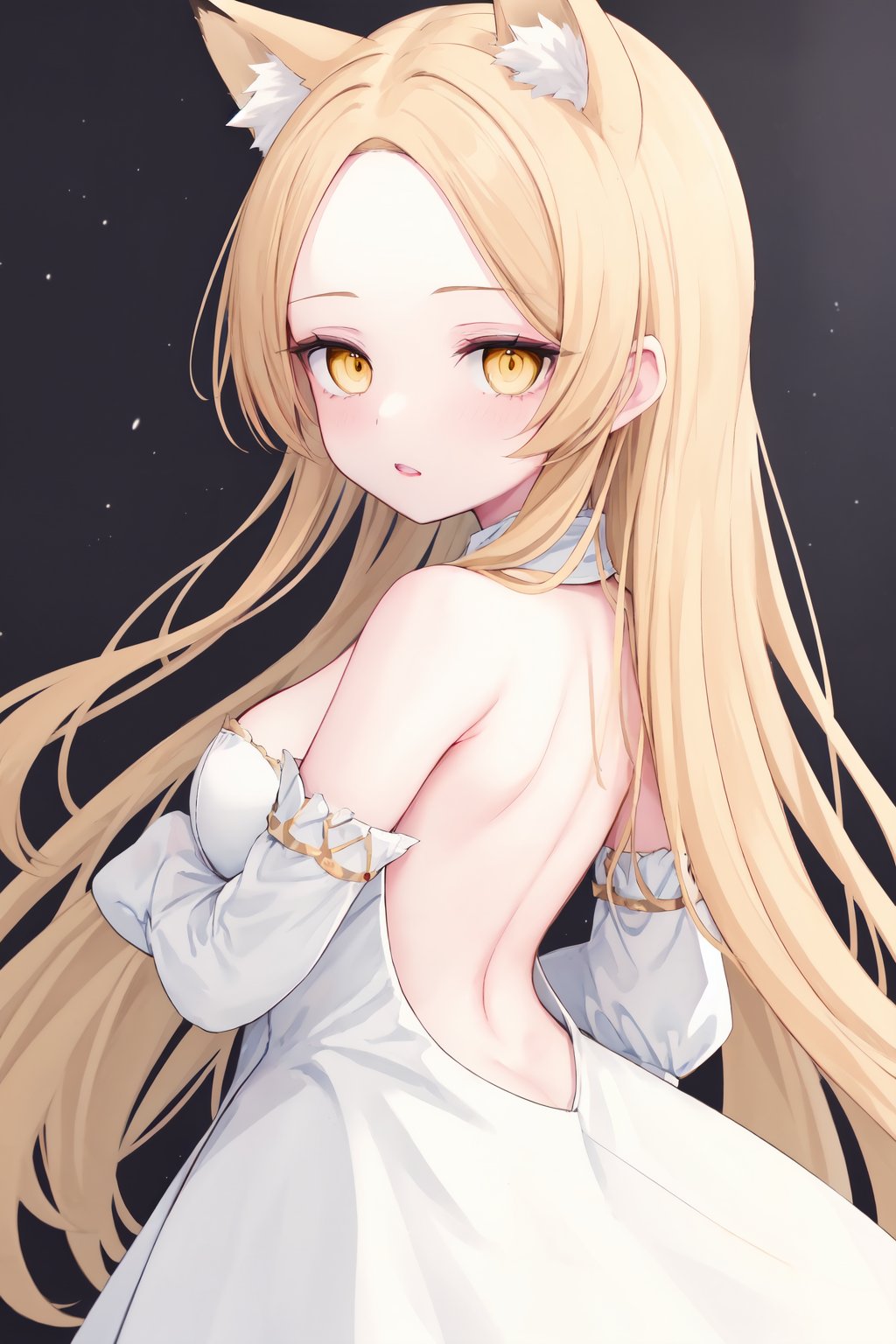 1girl,dress,blonde hair,solo,long hair,forehead,white dress,blush,looking at viewer,backless outfit,parted lips,bare shoulders,detached sleeves,white sleeves,bangs,parted bangs,backless dress,long sleeves,looking back,back,bare back,from behind,yellow eyes,very long hair,bow,puffy sleeves,strapless dress,tot-style,ringed eyes,ringed pupil,Fox ears,