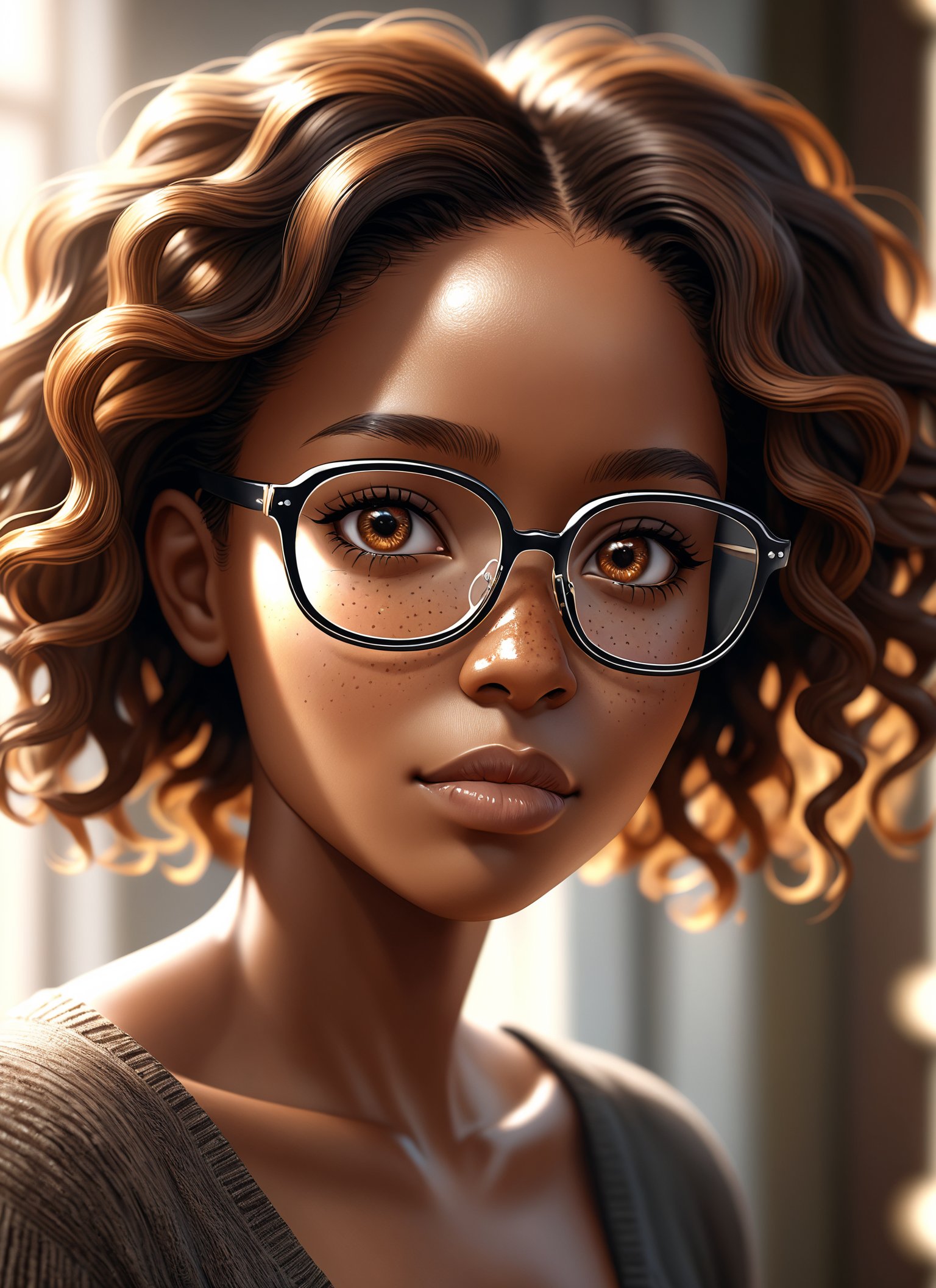 Wide angle medium format photorealistic highly detailed 8k photography, (Short light-skinned black female with glasses:1.3), Central composition, Flowing brown locks, Sparkling eyes, Subtle freckles, Elegant frames, Natural warmth, Detailed realism, Soft atmosphere