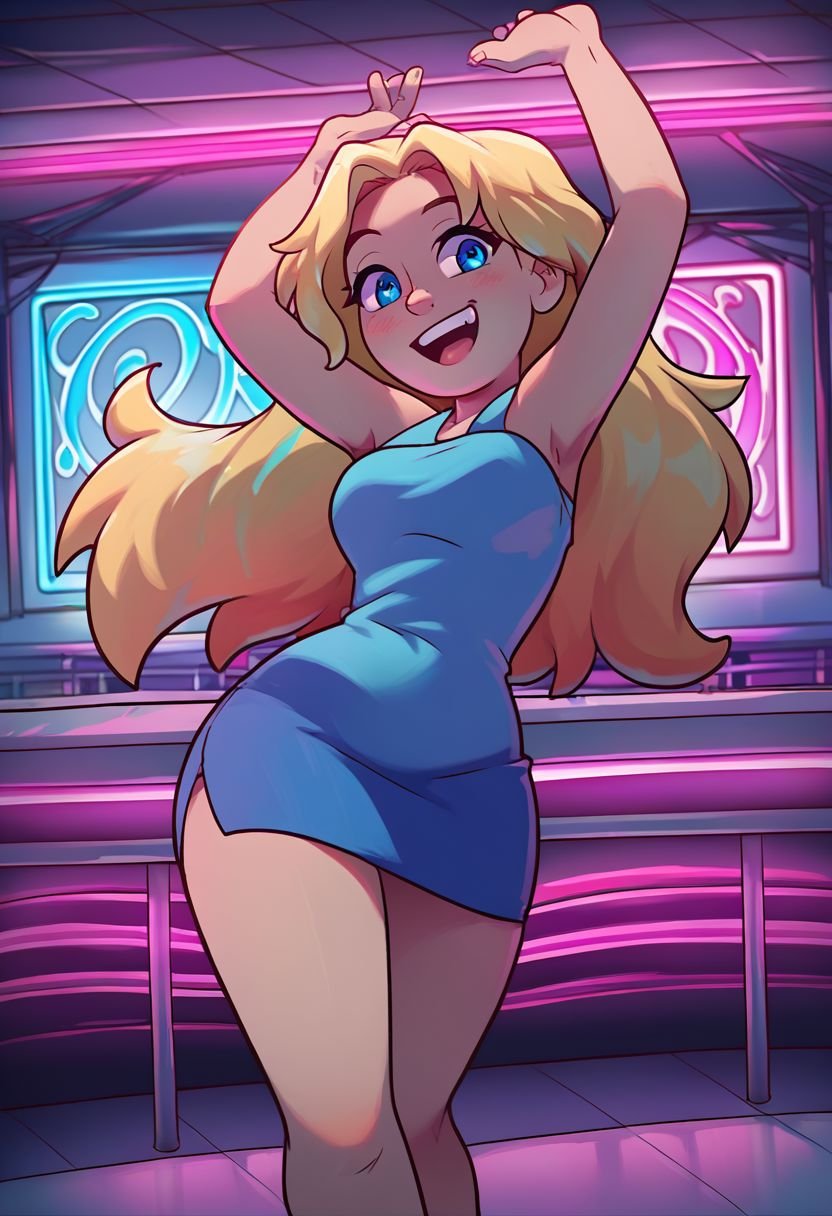 source_anime, score_9, score_8_up, score_9, 1girl, solo, <lora:NSHaleyStardew:1> NSHaleyStardew, long hair, blonde hair, blue eyes,  arms above head, dancing, club, neon lights, colorful lights, indoors, happy, sleeveless shirt, pencil skirt