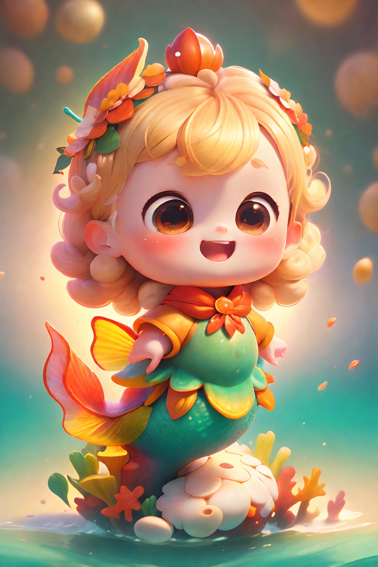 masterpiece, cinematic light, ultra high res, chibi, the Little Mermaidred, blonde hair, smile, open mouth, long hair, solo, bangs, full body, brown eyes, Shell, small fish, coral, Pearl, Little Fish, curly hair, head wreath, best quality, 8k