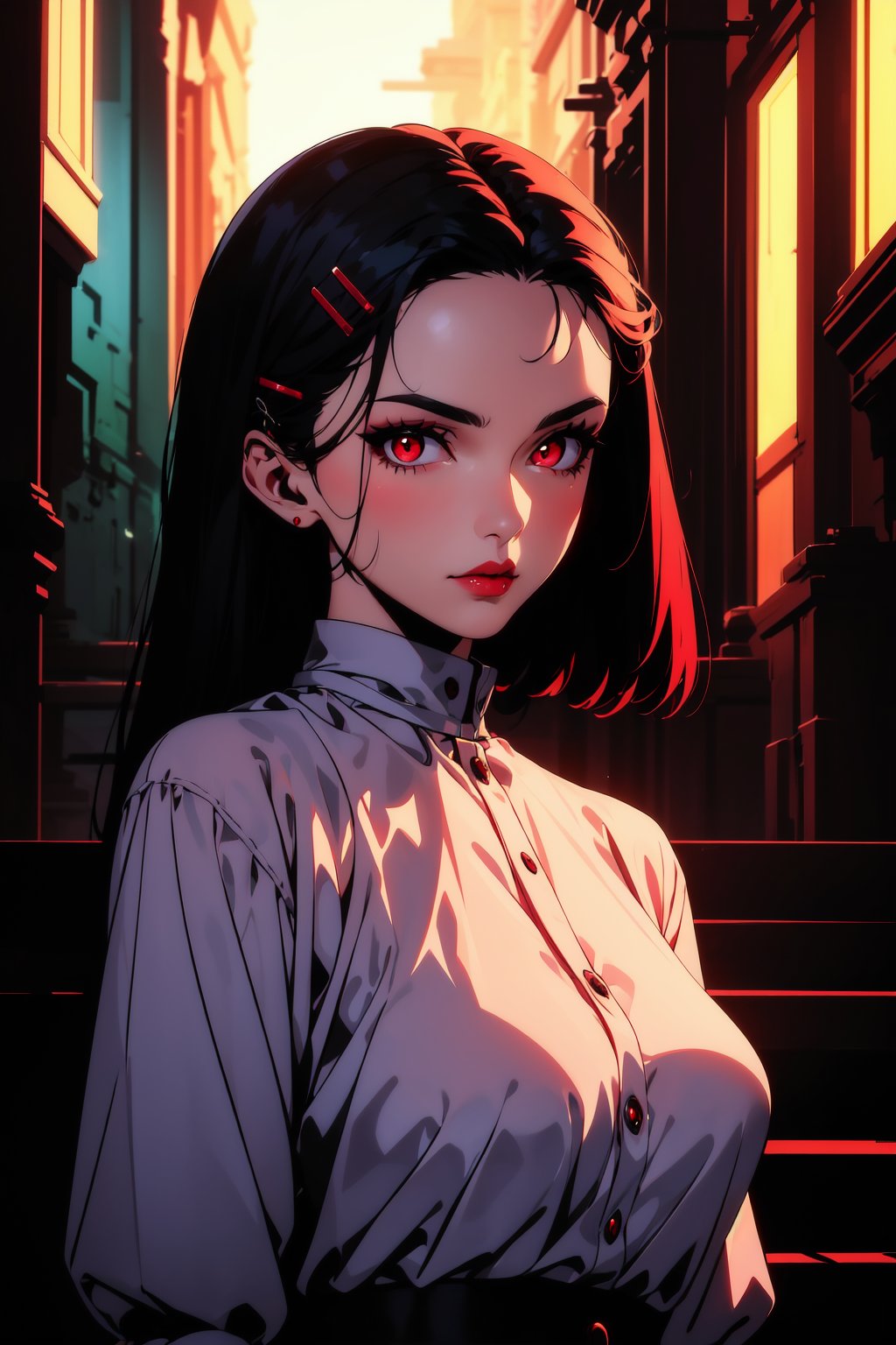1girl, black hair, long hair, bznoir, perfect figure, matured woman, (high quality, masterpiece:1.2), hair clip, red eyes, shiny lips, red theme, glowing, glowing eyes, (upper body)<lora:EMS-323506-EMS:1.200000>