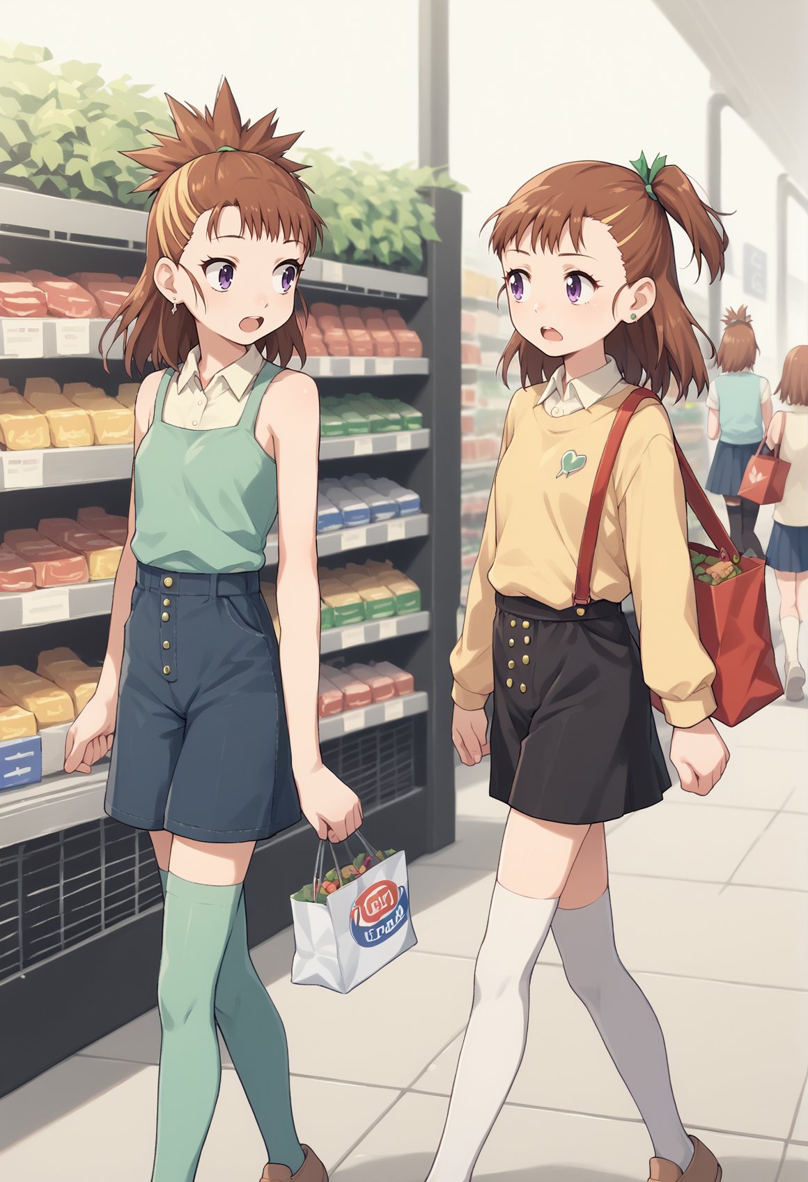 2girls, rika, Two-Tone Hair, multicolored hair, medium hair, blonde hair, brown hair, purple eyes, ponytail, juri, long hair, brown hair, one_side_up, brown eyes, sweater, bare shoulders, jewelry, earrings, skirt, shorts, thighhighs, walking, shopping center, open mouth, bag, from side, talking <lora:RukiJuri:1>, score_9, score_8_up, score_7_up, score_6_up, score_5_up, score_4_up, BREAK source_anime, masterpiece