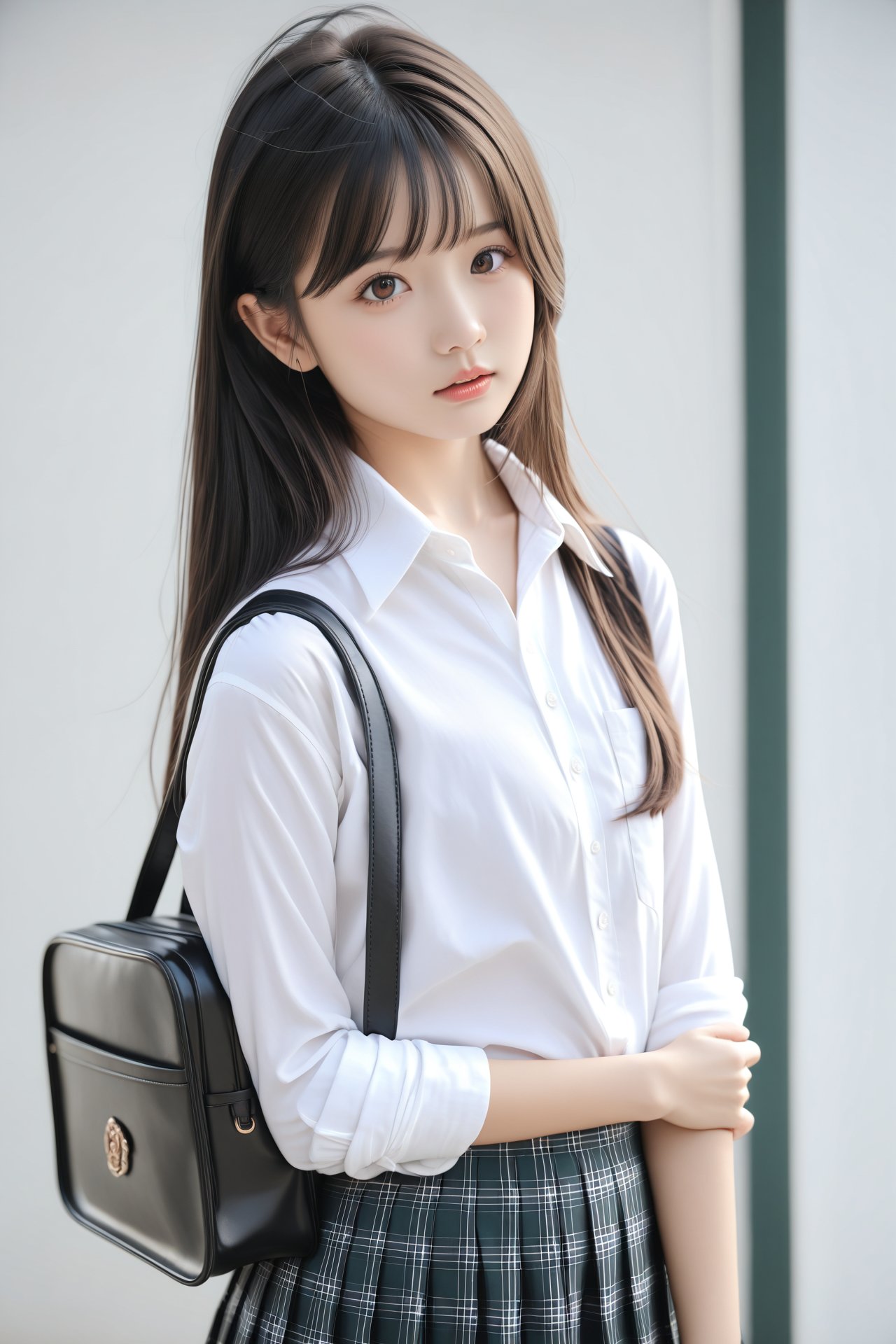 masterpiece,Realism,best quality,loli,1girl,long hair,bag,black hair,solo,school uniform,shirt,sleeves rolled up,blurry,looking at viewer,skirt,school bag,white shirt,realistic,lips,depth of field,upper body,black eyes,shoulder bag,brown eyes,nose,parted lips,plaid,plaid skirt,collared shirt,